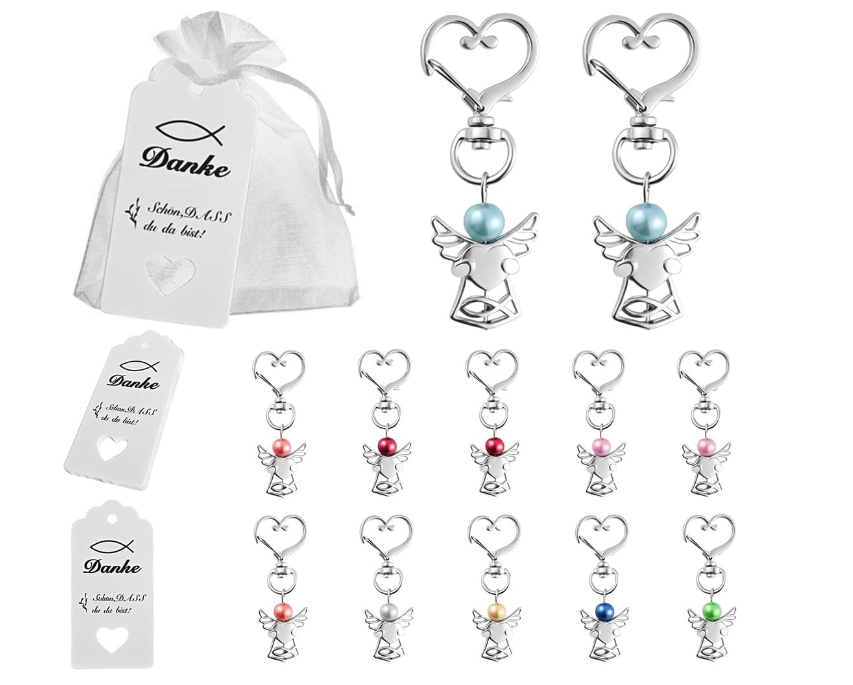 Doce llaveros de ángel de la guarda con perla de colores y bolsas de organza