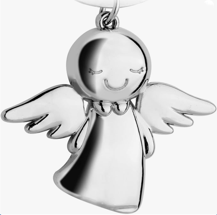 Llavero metálico con figura de ángel de la guarda sonriente