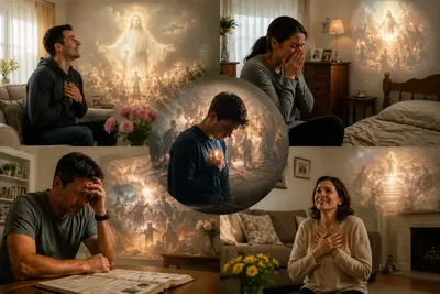 Varias personas en sus casas, conmovidas, ante una visión de Cristo rodeado de luz