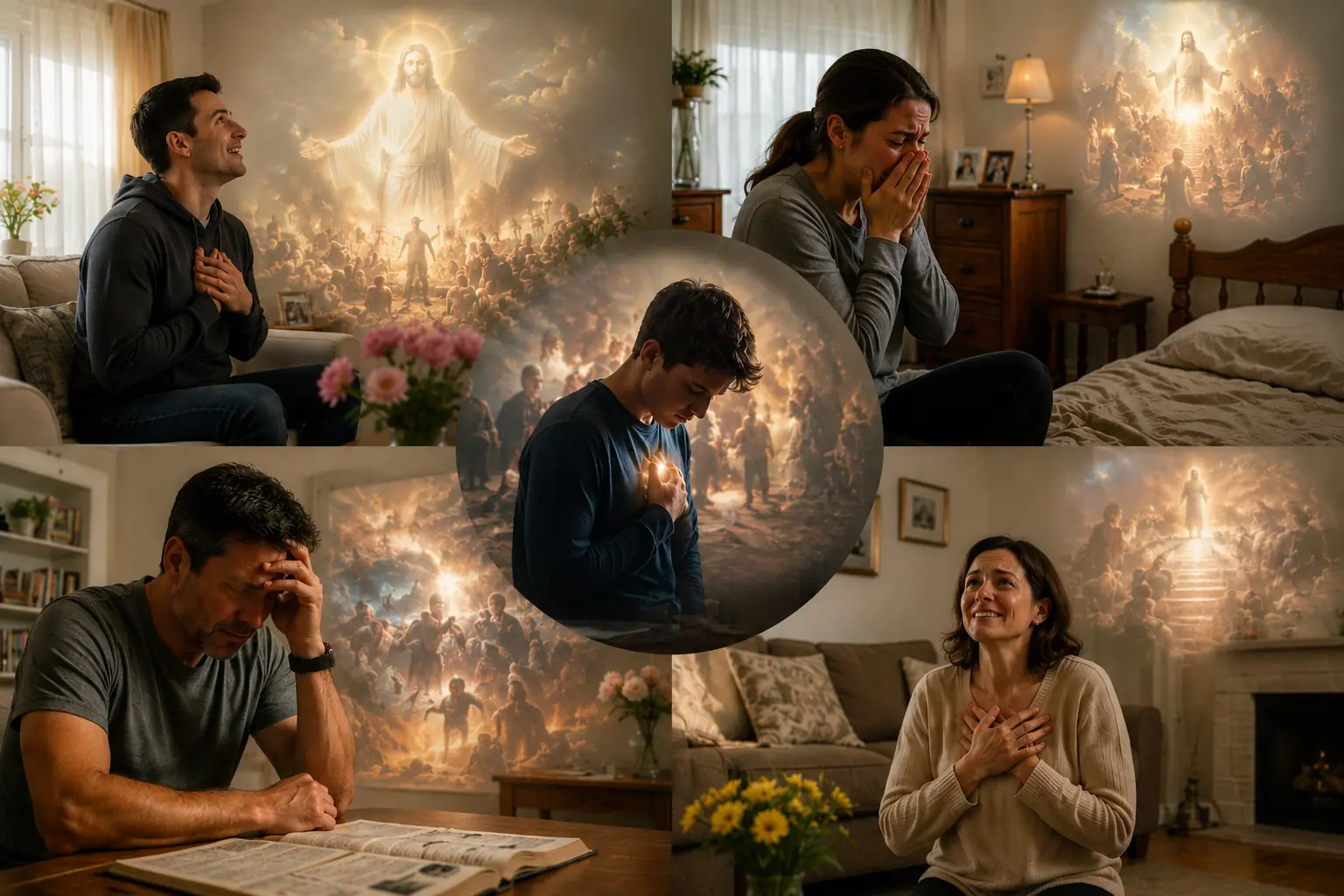 Varias personas en sus casas, conmovidas, ante una visión de Cristo rodeado de luz