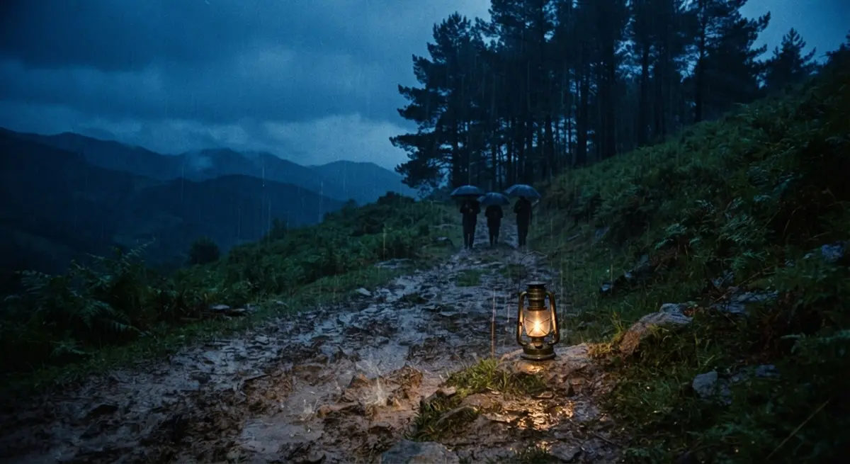 Peregrinos con paraguas subiendo de noche bajo la lluvia hacia los Pinos de Garabandal, con un farol encendido en primer plano