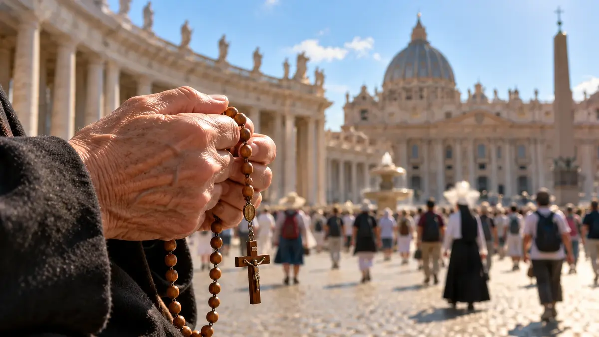 Manos de una mujer mayor sosteniendo un rosario de madera con crucifijo en la plaza de San Pedro, con peregrinos, una religiosa y la basílica al fondo