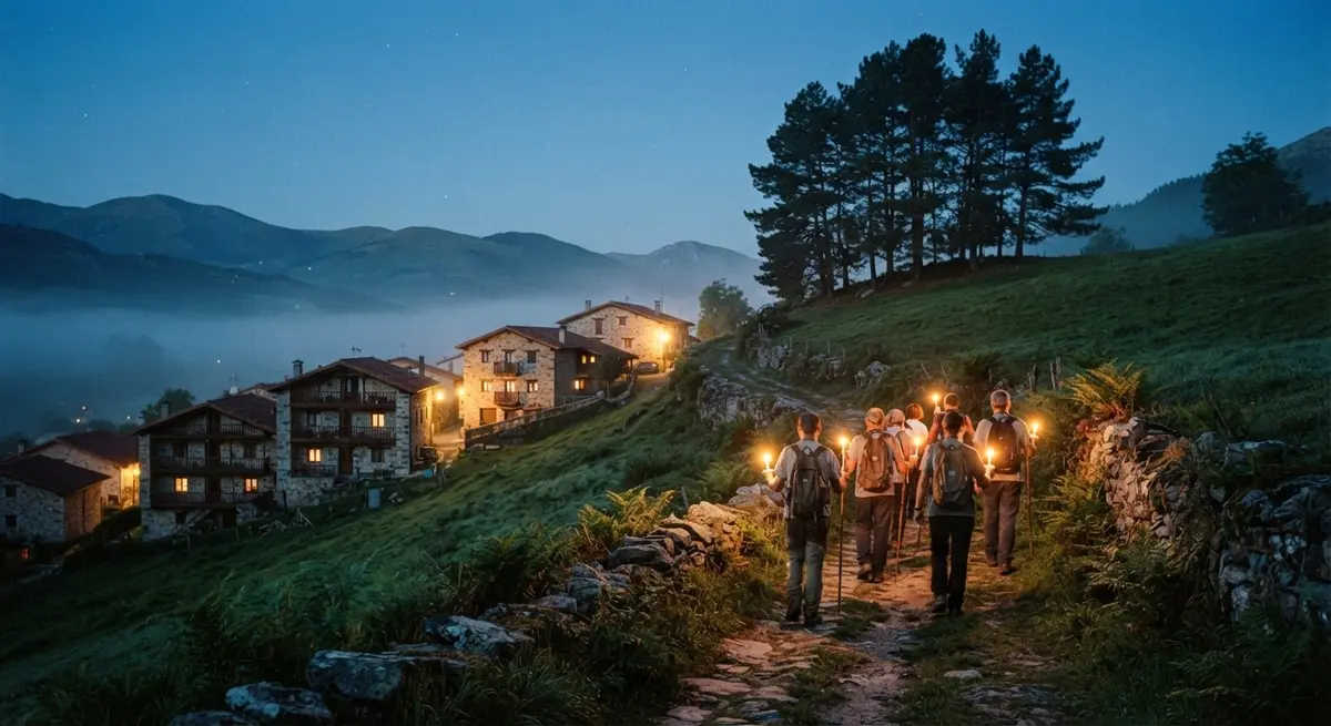 Peregrinos con velas subiendo hacia los Pinos de Garabandal al atardecer
