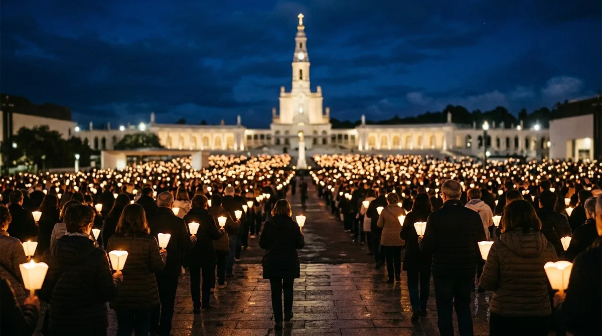 Peregrinos con velas encendidas durante una procesión nocturna en un gran santuario