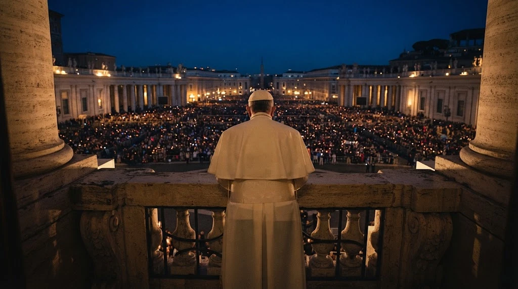 El Papa de espaldas en el balcón de la basílica de San Pedro, de noche