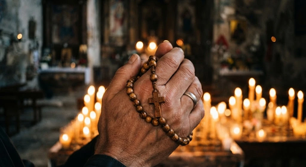Manos sosteniendo un rosario de madera ante velas encendidas en una iglesia
