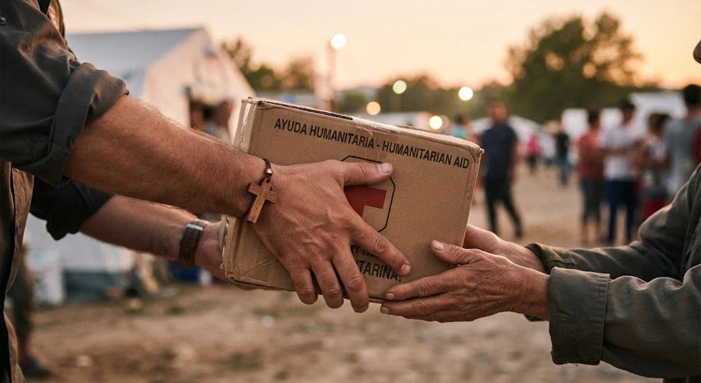 Un voluntario entrega una caja de ayuda humanitaria en un campamento al atardecer