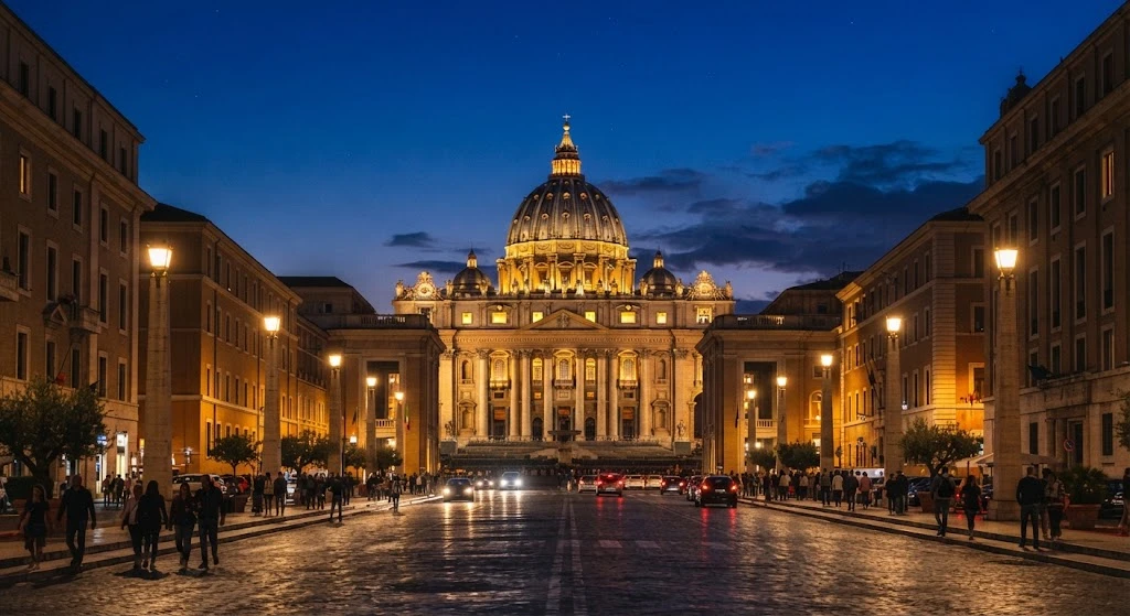 La basílica de San Pedro iluminada al anochecer, vista desde Via della Conciliazione