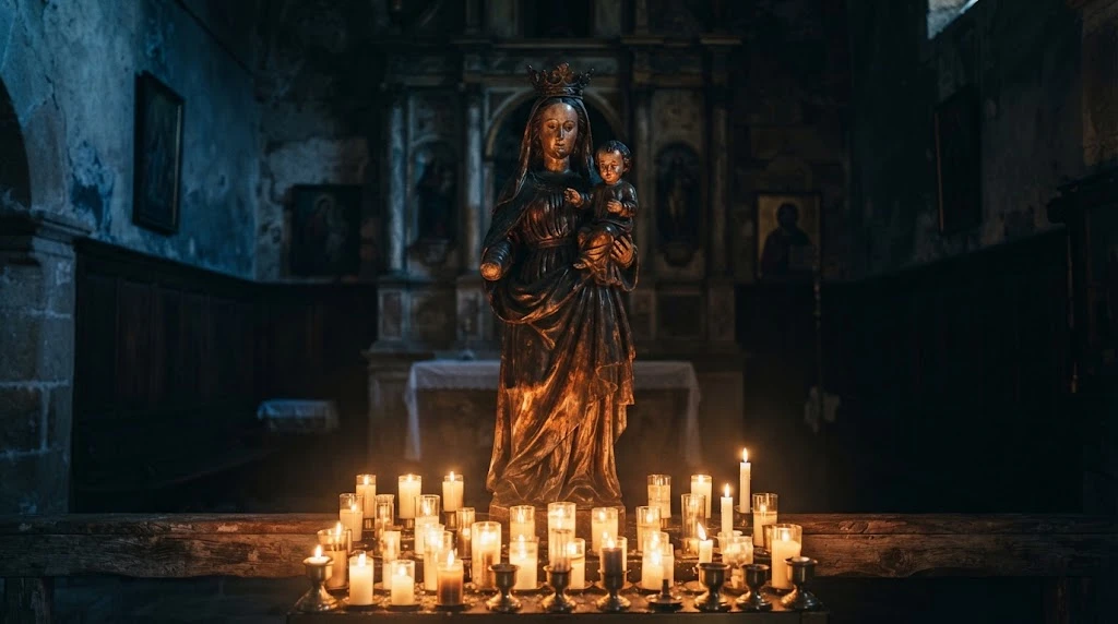 Imagen de la Virgen María con el Niño en brazos ante velas encendidas en una capilla de piedra